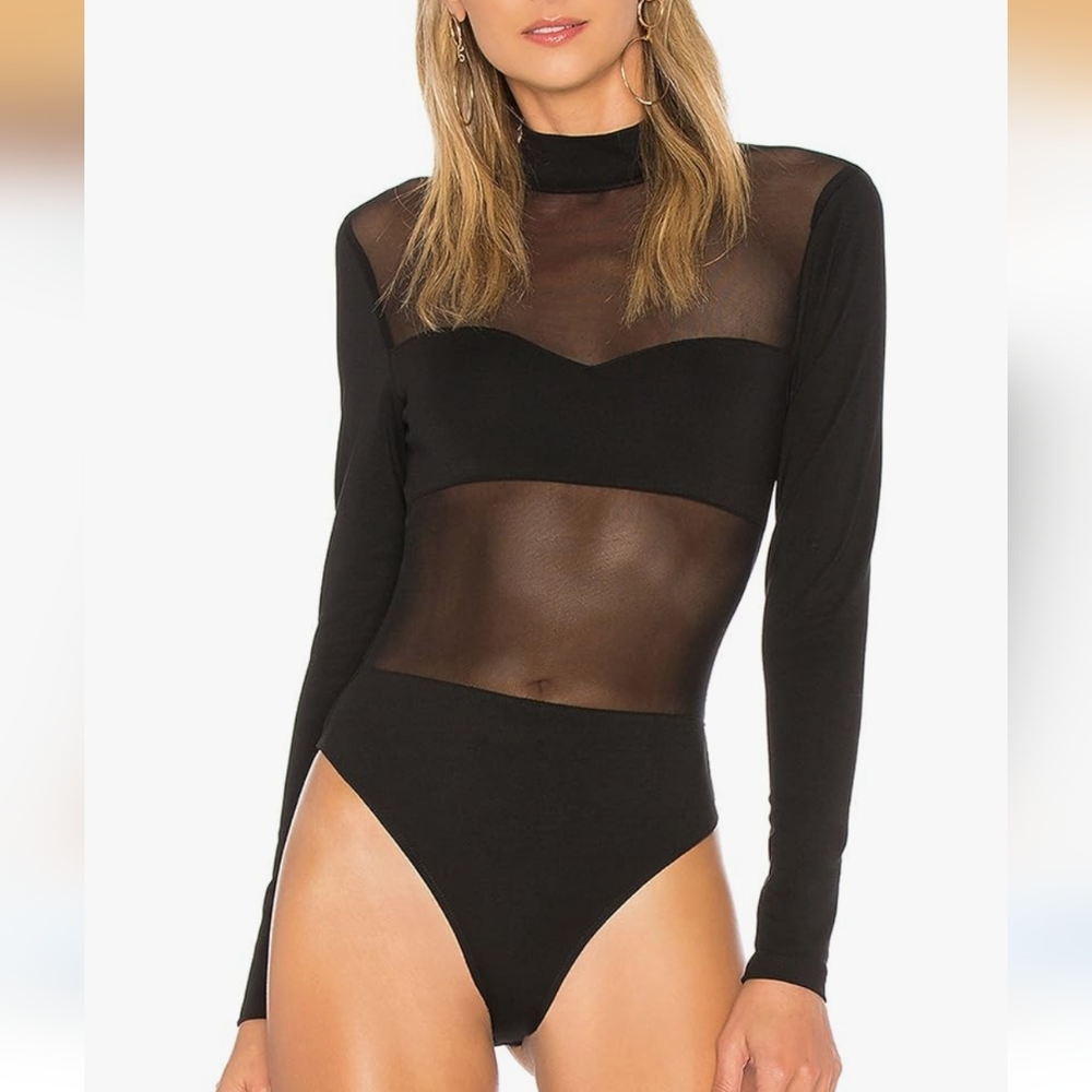 May & Maya "All The Single Ladies" Contrast Sheer Mesh Panel Accents Bodysuit, L